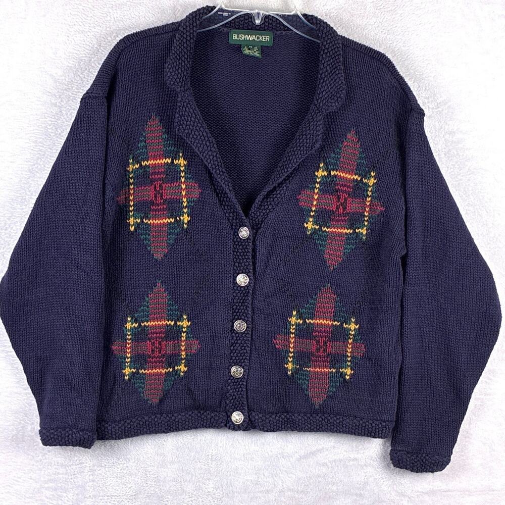 VTG Bushwacker Cardigan Sweater Womens M Navy Argyle Preppy Grandma Cottage 90s